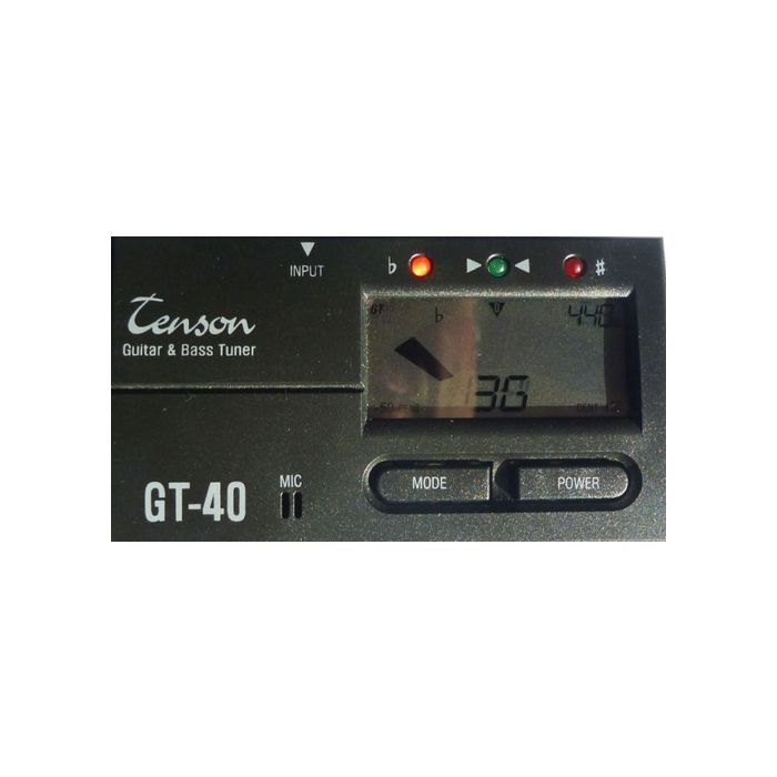 Gitarren Stimmgerät Tenson GT-40 - LCD-Nadelanzeige mit Tonangabe und 3 farbigen LEDs - Gewicht: 80 Gramm - Betrieb mit 2 x 1,5 Volt AAA Batterien (inklusive) - Nr. 8508
