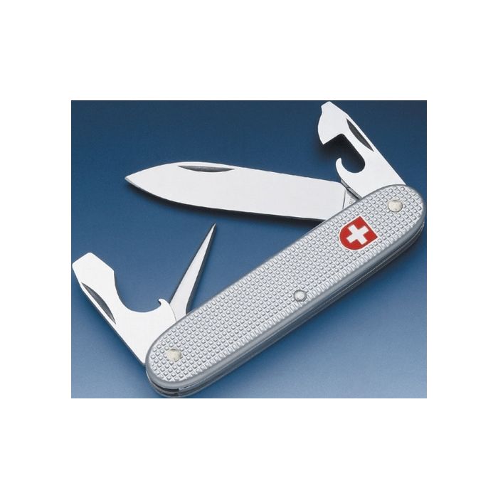 Schweizer Soldatenmesser - Klinge nicht feststellbar - Schalen Alox grippt, silberfarbig - 93 mm - mit Schweizerkreuz - Nr. CH4789