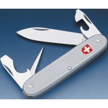 Schweizer Soldatenmesser - Klinge nicht feststellbar - Schalen Alox grippt, silberfarbig - 93 mm - mit Schweizerkreuz - Nr. CH4789
