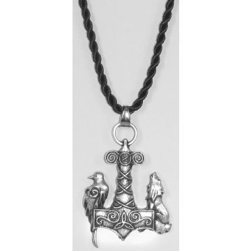 Halskette mit Thors Hammer mit Rabe / Wolf. Maße des Motivs: 45 mm x 30 mm x 40 mm. Kettenlänge: 54 cm